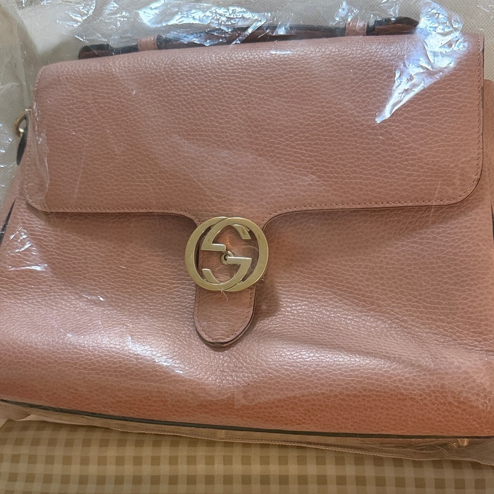 Gucci Rose Pink Pebbled Leather Shoulder Satchel with Gold Double G